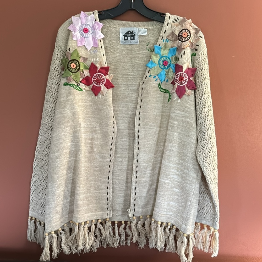 Vintage Storybook Knits Cardigan Sweater  beige Crochet Fringe Granny size L - Picture 2 of 10